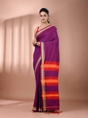 Purple cotton handspun soft saree with texture borders 1