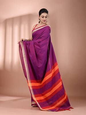 Purple cotton handspun soft saree with texture borders 2