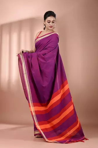 Purple cotton handspun soft saree with texture borders