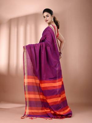 Purple cotton handspun soft saree with texture borders 3