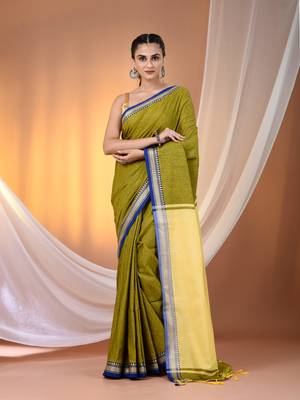 Sap green cotton handspun soft saree with texture borders 1