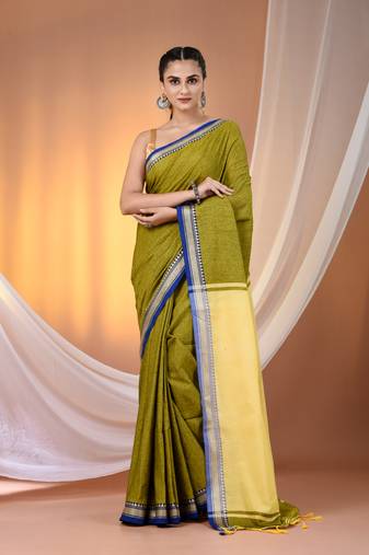 Sap green cotton handspun soft saree with texture borders