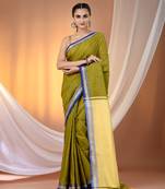 Sap green cotton handspun soft saree with texture borders