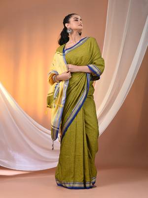 Sap green cotton handspun soft saree with texture borders 2