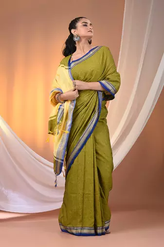 Sap green cotton handspun soft saree with texture borders