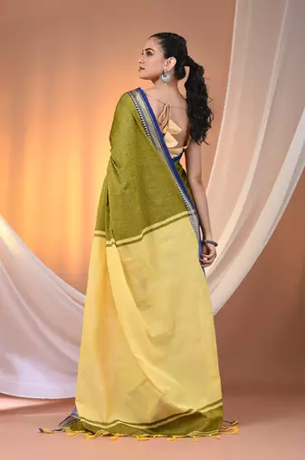 Sap green cotton handspun soft saree with texture borders