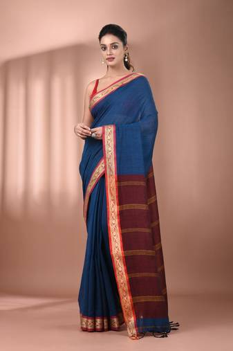 Sapphire blue mulmul cotton soft saree with texture borders Without blouse