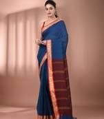 Sapphire blue mulmul cotton soft saree with texture borders Without blouse