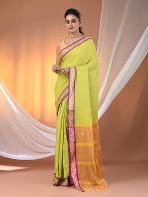 Lime green mulmul cotton soft saree with texture borders Without blouse 1