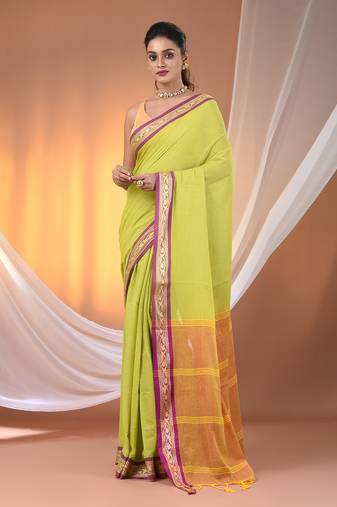 Lime green mulmul cotton soft saree with texture borders Without blouse