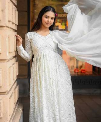 Off white Luckhnowi Sequins Work Gown pent and dupatta suit set    1