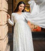 Off white Luckhnowi Sequins Work Gown pent and dupatta suit set   
