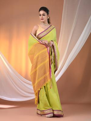 Lime green mulmul cotton soft saree with texture borders Without blouse 2