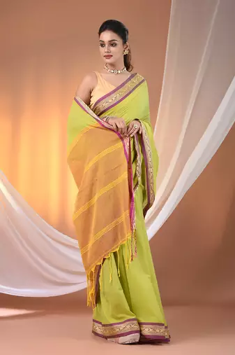 Lime green mulmul cotton soft saree with texture borders Without blouse
