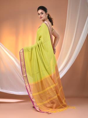 Lime green mulmul cotton soft saree with texture borders Without blouse 3