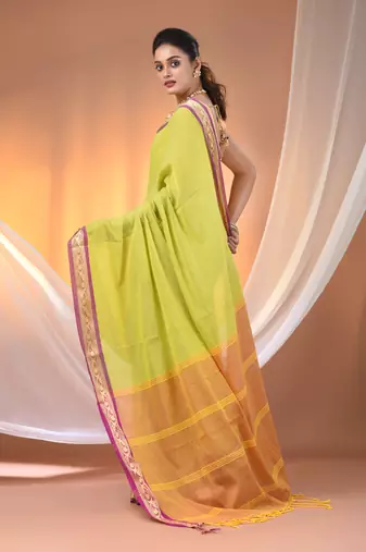 Lime green mulmul cotton soft saree with texture borders Without blouse