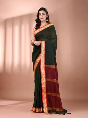 Bottle green mulmul cotton soft saree with texture borders Without blouse 1