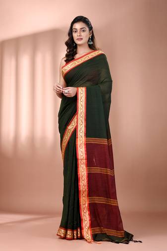 Bottle green mulmul cotton soft saree with texture borders Without blouse