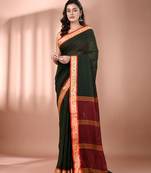 Bottle green mulmul cotton soft saree with texture borders Without blouse