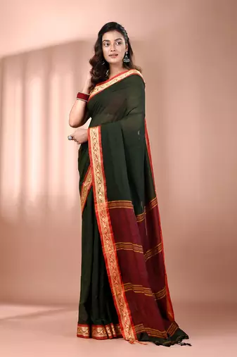 Bottle green mulmul cotton soft saree with texture borders Without blouse