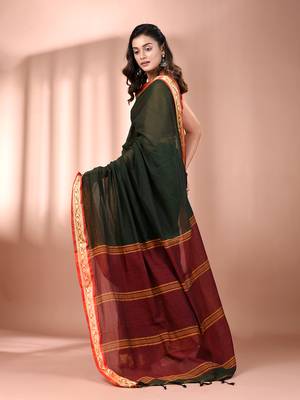 Bottle green mulmul cotton soft saree with texture borders Without blouse 3