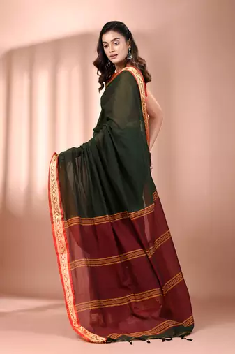 Bottle green mulmul cotton soft saree with texture borders Without blouse