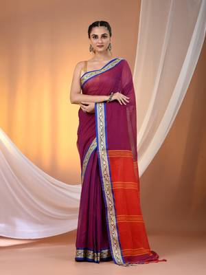 Purple mulmul cotton soft saree with texture borders Without blouse 1
