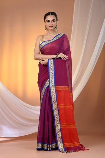 Purple mulmul cotton soft saree with texture borders Without blouse