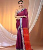 Purple mulmul cotton soft saree with texture borders Without blouse