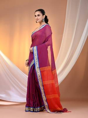 Purple mulmul cotton soft saree with texture borders Without blouse 2