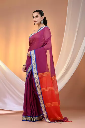 Purple mulmul cotton soft saree with texture borders Without blouse