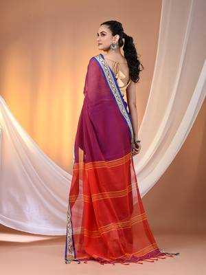 Purple mulmul cotton soft saree with texture borders Without blouse 3