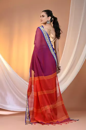 Purple mulmul cotton soft saree with texture borders Without blouse