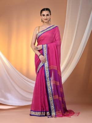 Pink mulmul cotton soft saree with texture borders Without blouse 1