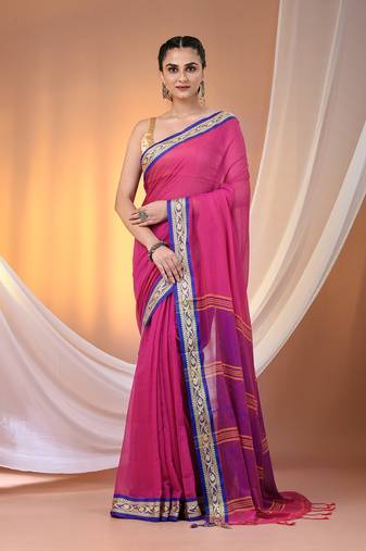 Pink mulmul cotton soft saree with texture borders Without blouse