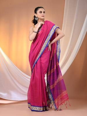Pink mulmul cotton soft saree with texture borders Without blouse 2