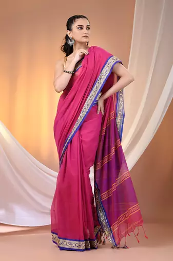 Pink mulmul cotton soft saree with texture borders Without blouse