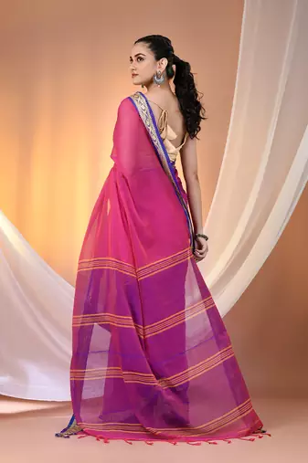 Pink mulmul cotton soft saree with texture borders Without blouse