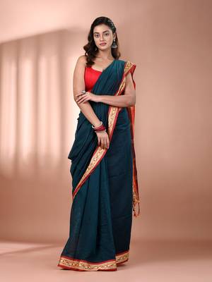 Teal mulmul cotton soft saree with texture borders Without blouse 1