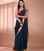 Teal mulmul cotton soft saree with texture borders Without blouse