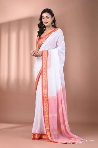 White mulmul cotton soft saree with texture borders Without blouse