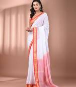 White mulmul cotton soft saree with texture borders Without blouse