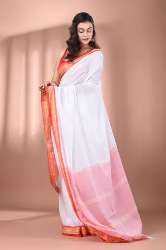White mulmul cotton soft saree with texture borders Without blouse