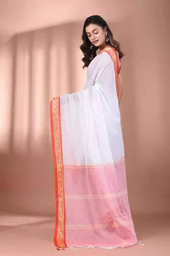 White mulmul cotton soft saree with texture borders Without blouse