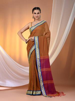 Mustard mulmul cotton soft saree with texture borders Without blouse 1