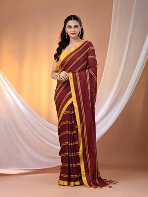 Maroon cotton handspun soft saree with ziczac pattern 1