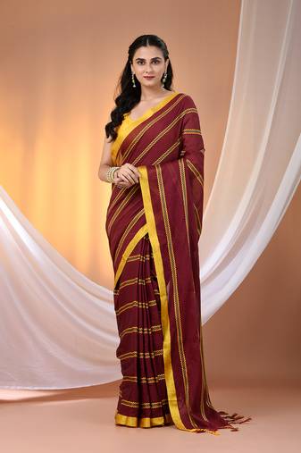 Maroon cotton handspun soft saree with ziczac pattern