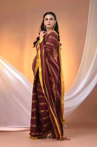 Maroon cotton handspun soft saree with ziczac pattern