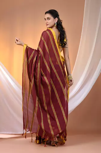 Maroon cotton handspun soft saree with ziczac pattern