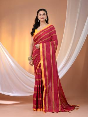 Pink cotton handspun soft saree with ziczac pattern 1
